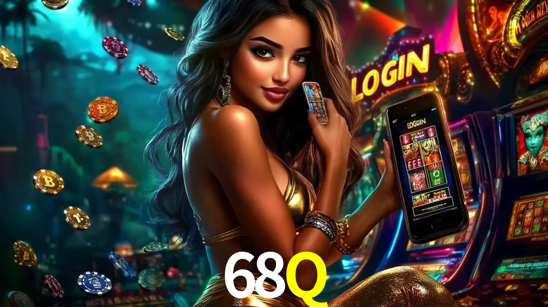 Mulher em um cenário de cassino temático de aventura, mostrando o app de caça-níqueis da 68Q no celular. Fichas de apostas flutuam ao redor.