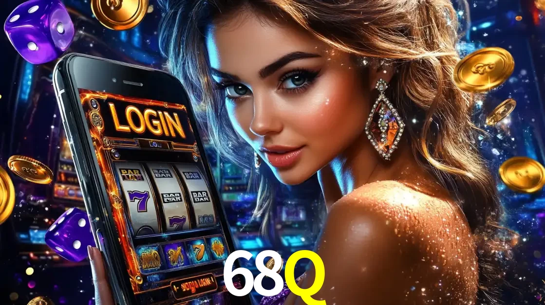 Mulher glamorosa segurando um smartphone com a tela de login para os jogos de caça-níqueis do cassino online 68Q, com moedas de ouro e dados ao redor.