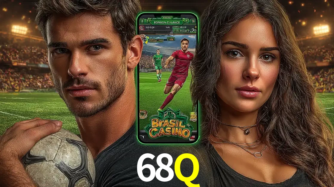 Homem segurando uma bola de futebol e uma mulher ao lado de um smartphone exibindo o jogo de apostas esportivas da 68Q. Faça seu palpite no cassino online.